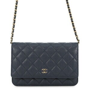CHANEL Authentic Blue Caviar Leather Logo Wallet